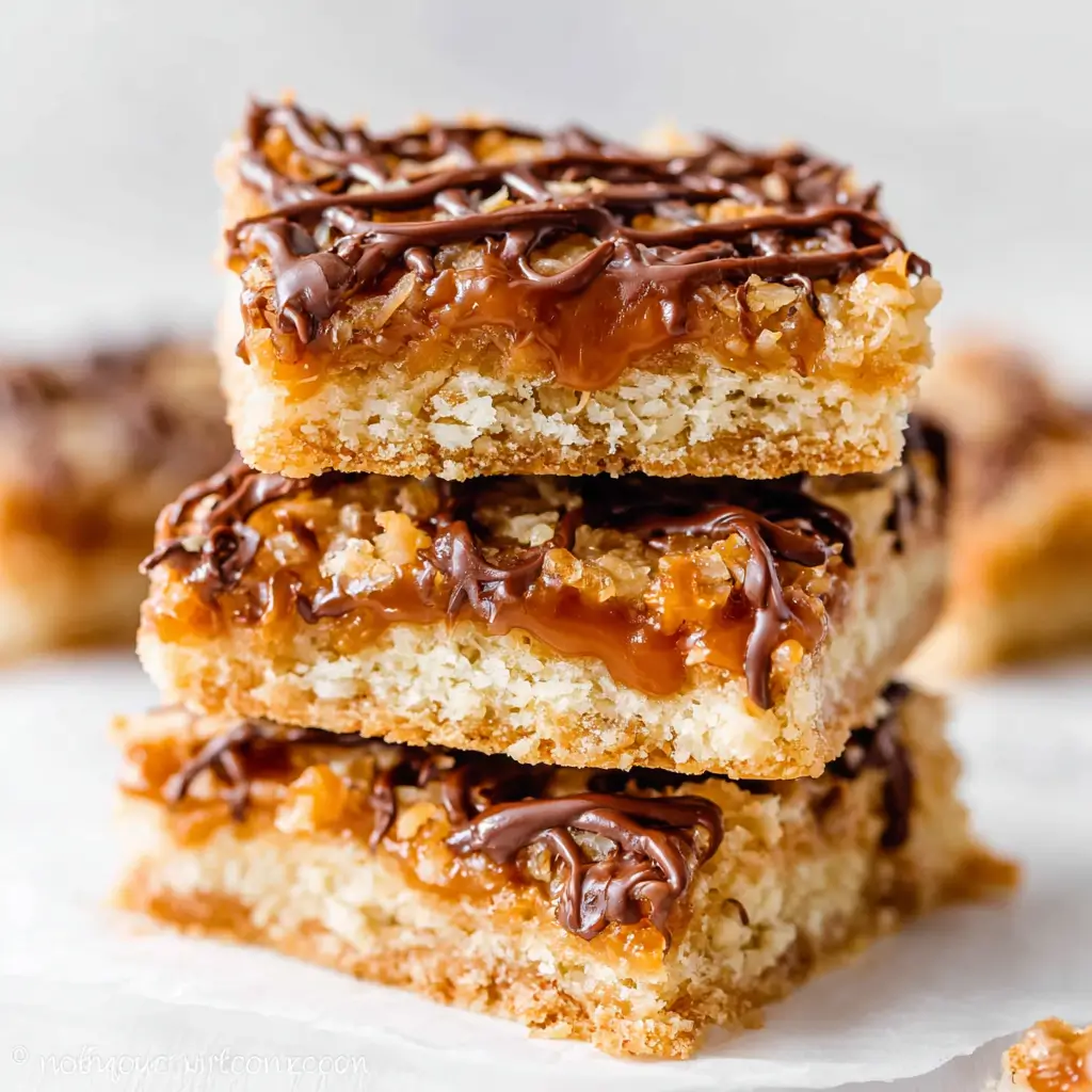 Stacked Samoa cookie bars with shortbread base, gooey caramel coconut layer, and chocolate drizzle on top.