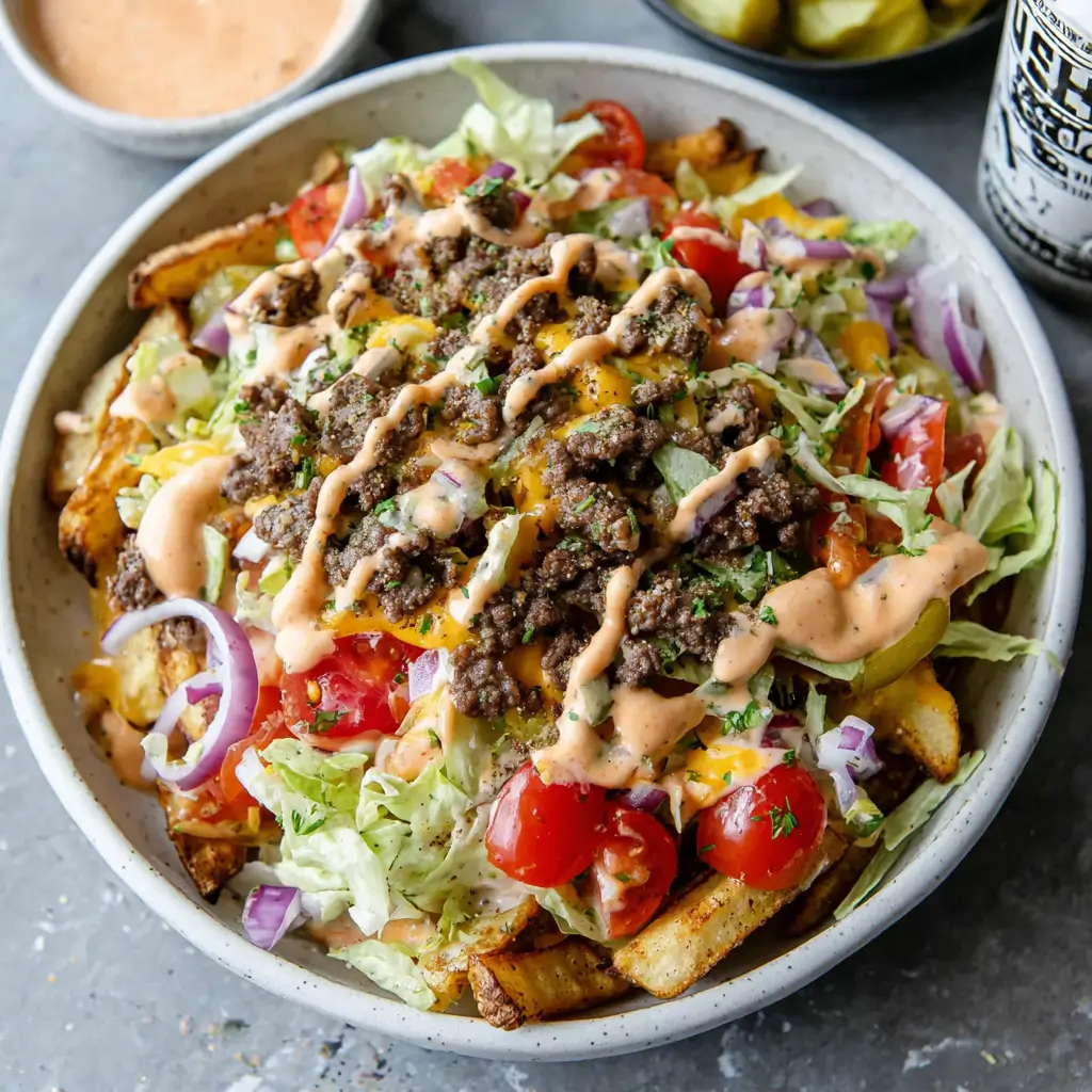 Smash burger bowls with crispy fries, seasoned ground beef, shredded lettuce, tomatoes, red onion, pickles, melted cheese, and special sauce drizzle.