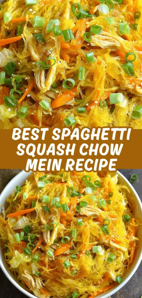 Two angles of spaghetti squash chow mein with shredded chicken, carrots, and green onions in a white bowl.