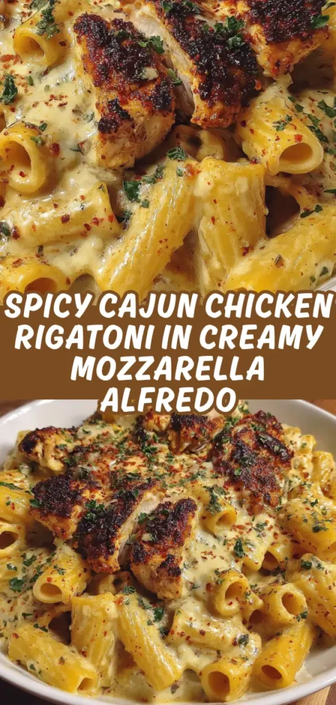 Spicy Cajun chicken rigatoni tossed in creamy mozzarella Alfredo sauce with blackened chicken slices and fresh herbs.