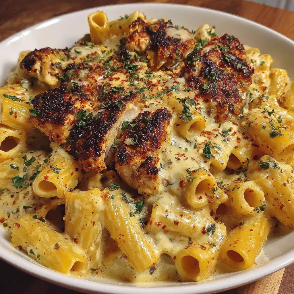Spicy Cajun chicken rigatoni in creamy mozzarella Alfredo sauce with blackened chicken pieces and fresh parsley.