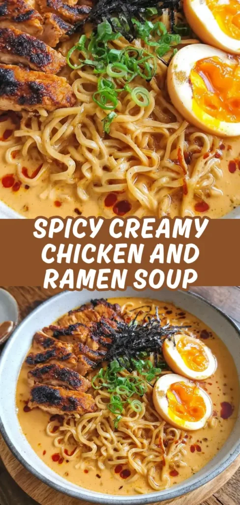 Spicy creamy chicken and ramen soup with sliced charred chicken, soft-boiled eggs, nori, and green onions in a rich orange broth.