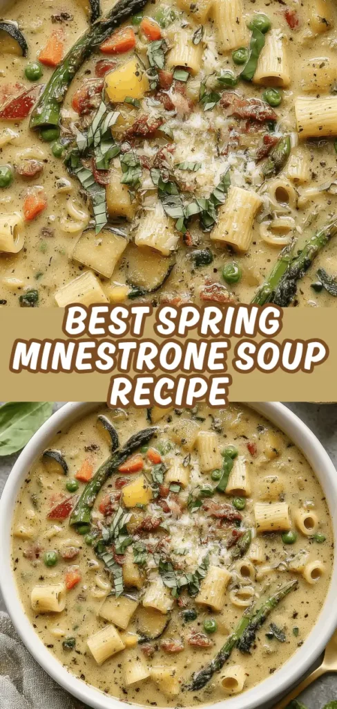 Spring minestrone soup with creamy broth, rigatoni pasta, zucchini, asparagus, peas, carrots, bacon bits, and fresh basil.