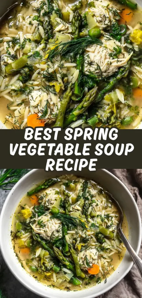 Fresh spring vegetable chicken soup with asparagus, peas, and herbs.