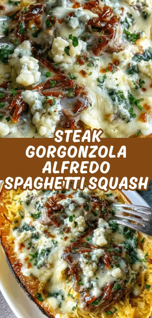 Two close-up shots of spaghetti squash topped with tender steak, gorgonzola crumbles, creamy Alfredo sauce, and chopped parsley.