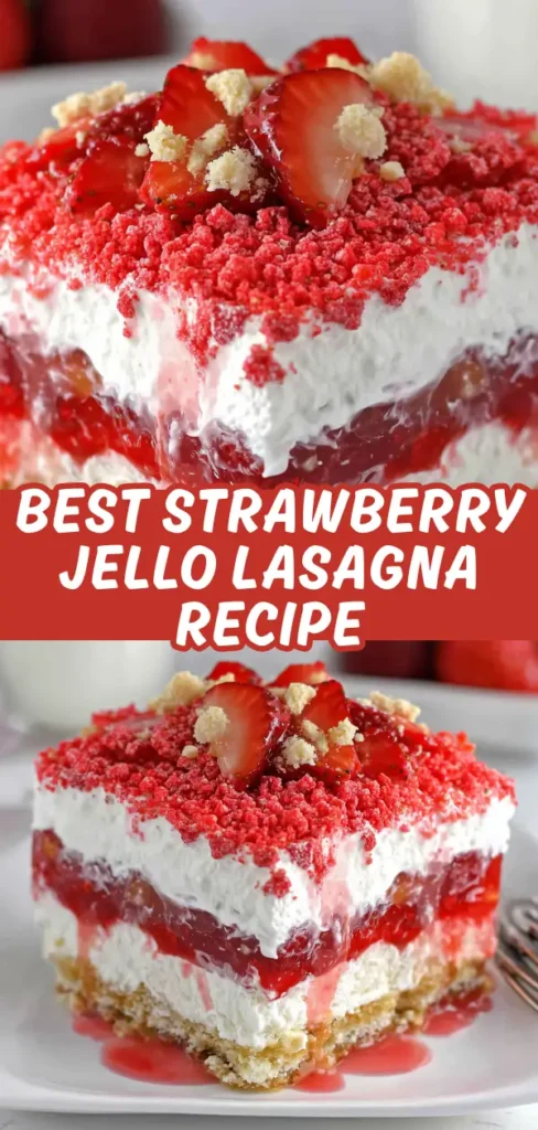 Slice of strawberry jello lasagna showing golden cookie crust layered with creamy white filling bright red strawberry jello and finished with fluffy whipped topping crushed red crumbs and fresh strawberry pieces.