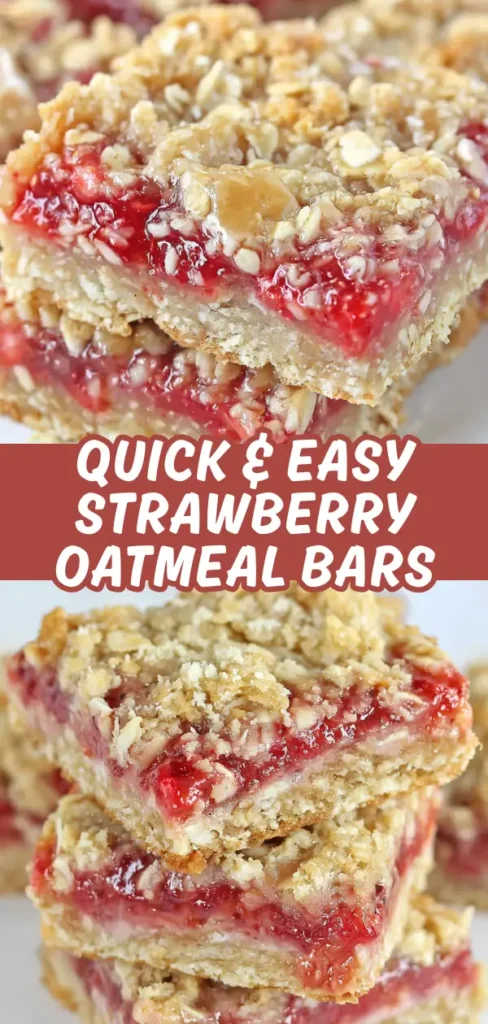 Close up of strawberry oatmeal bars stacked high with buttery oat base vibrant red strawberry filling and a generous crumbly oat topping.
