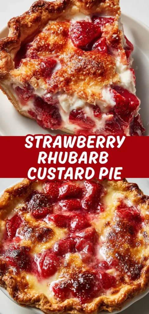 Strawberry rhubarb custard pie with a flaky golden crust filled with juicy strawberries, rhubarb, and silky custard.