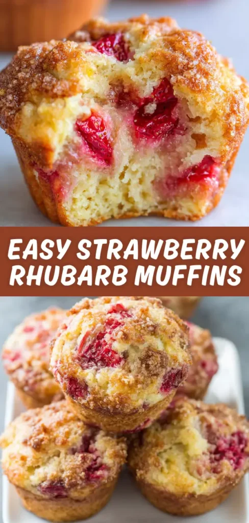 A close-up of a partially eaten strawberry rhubarb muffin showing a moist interior with visible red strawberries and rhubarb pieces, topped with a sugar crust. In the background, there are whole muffins with a similar topping.