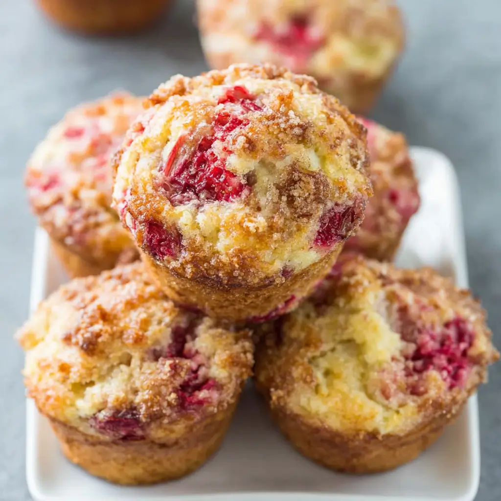 A close-up of several freshly baked strawberry muffins with a golden-brown crust and visible pieces of strawberries, arranged on a white plate.