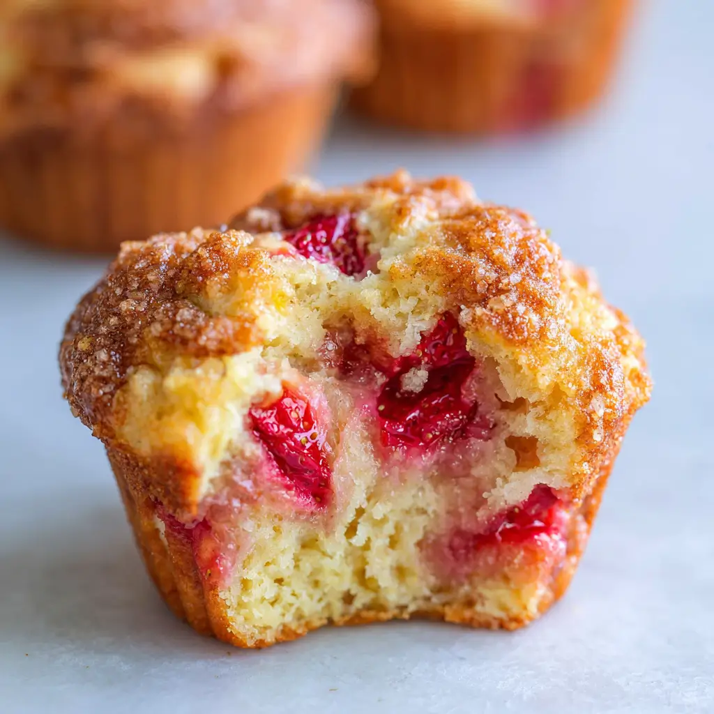 A close-up of a partially eaten strawberry muffin with a golden-brown crust, showing juicy strawberries inside, placed on a light-colored surface with blurred muffins in the background.
