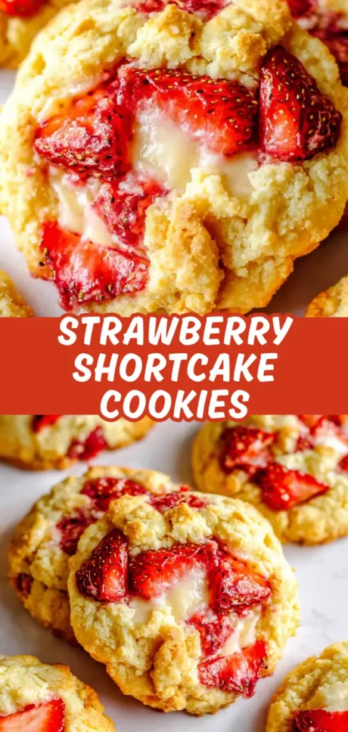 Strawberry shortcake cookies with soft golden dough, juicy strawberry pieces, and melty white chocolate centers.