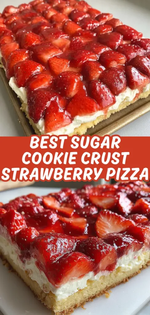 Sugar cookie crust strawberry pizza with golden cookie base, creamy white layer, and glossy glazed strawberries on top.