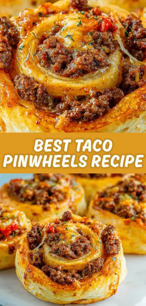 Taco pinwheels with golden puff pastry swirled around seasoned ground beef, cheese, and herbs.