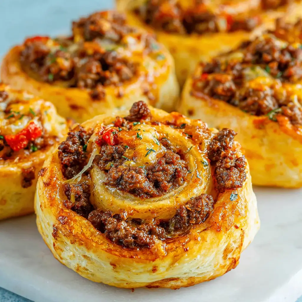 Taco pinwheels made with flaky puff pastry swirled with seasoned ground beef and melted cheese.
