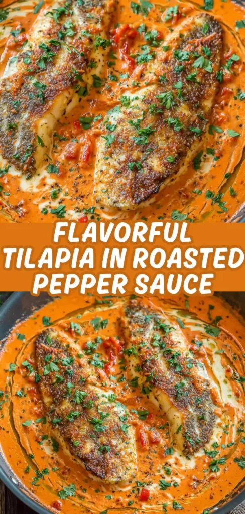 Two pieces of tilapia fillets cooked in a flavorful roasted pepper sauce, garnished with chopped parsley, served in a skillet with a vibrant orange sauce.