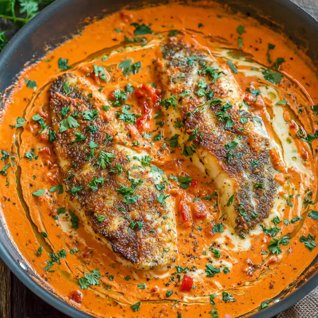 Two seasoned fish fillets cooked in a rich, creamy tomato-based sauce with herbs and spices, garnished with chopped parsley.