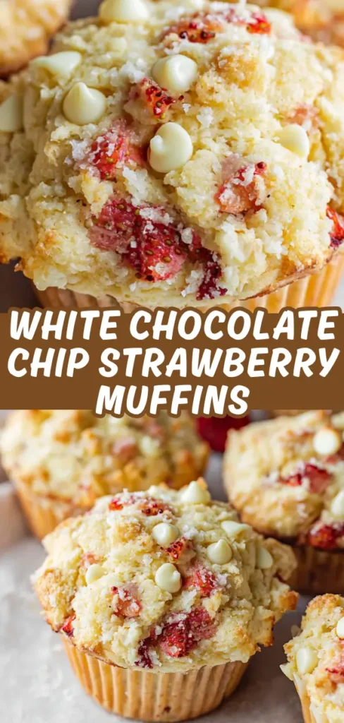 White chocolate chip strawberry muffins stacked and shown up close with chunks of fresh strawberries melty white chocolate chips and a sugary crumb topping on golden muffin bases.