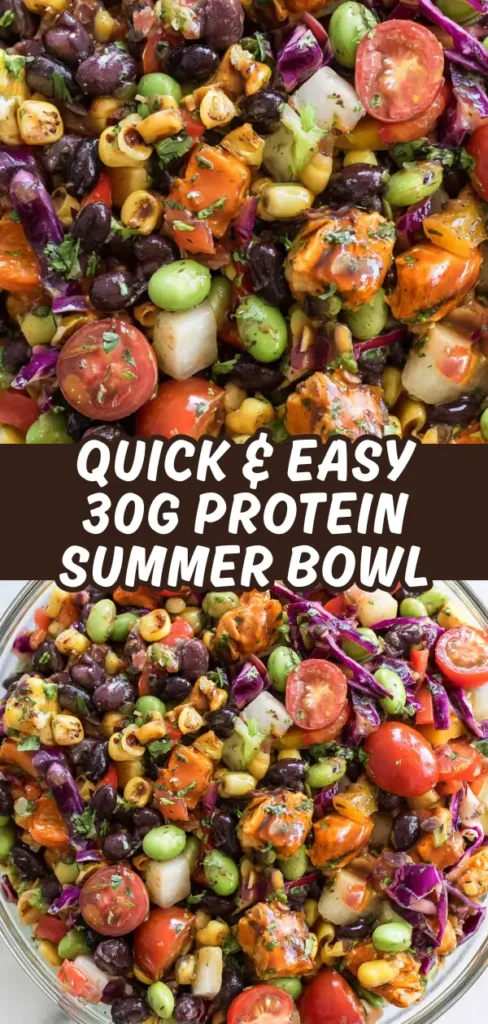 A collage of two overhead shots of a 30g protein summer bowl showing a close crop of colorful beans, edamame, corn, and chicken, alongside a full glass bowl view of the complete dish.