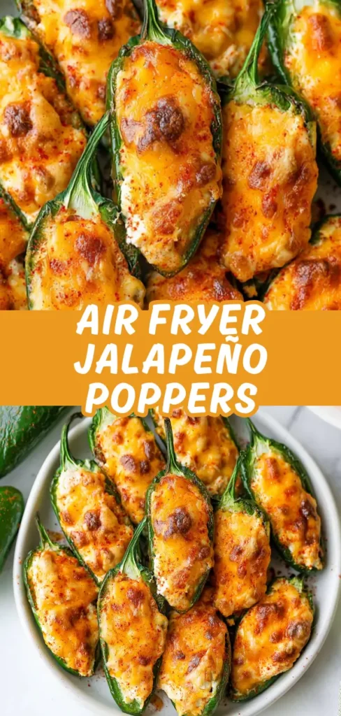 A collage of two shots of air fryer jalapeno poppers showing a close up of bubbling golden cheddar over cream cheese filled peppers, and a full plate view of the whole batch dusted with paprika.