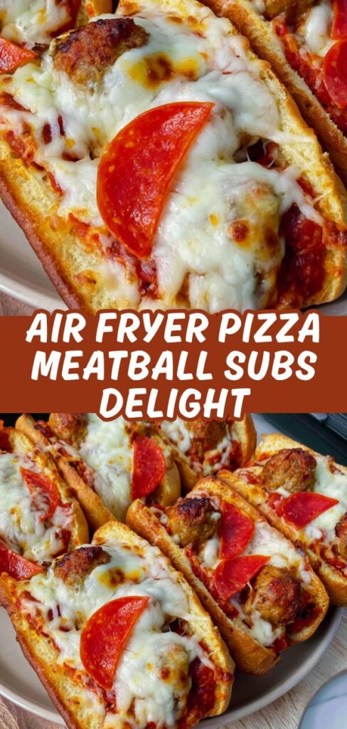 A vertical recipe graphic with a zoomed-in look at a cheesy meatball sub and an array of subs topped with pepperoni.