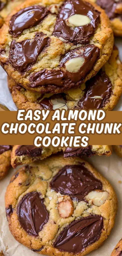 Almond chocolate chunk cookies stacked and shown up close with large melty chocolate chunks toasted almonds and golden cookie edges on parchment paper.
