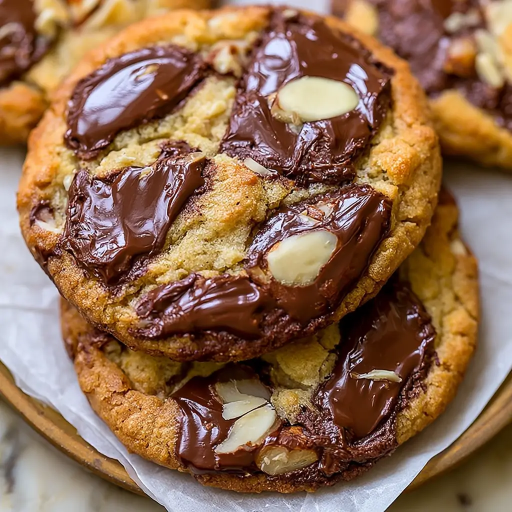 Stacked almond chocolate chunk cookies on parchment paper with pools of melted dark chocolate and almond pieces baked into golden soft cookies.