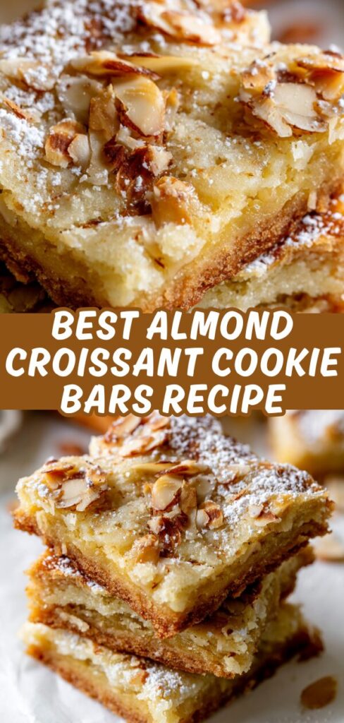 A beautiful two-panel image showing a close-up of toasted almonds and a stack of powdered sugar-dusted croissant cookie bars.