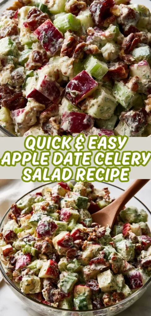 Apple date celery salad in a glass bowl with crisp red apple chunks fresh celery sweet dates toasted pecans and herbs all tossed in a creamy dressing with a wooden spoon.
