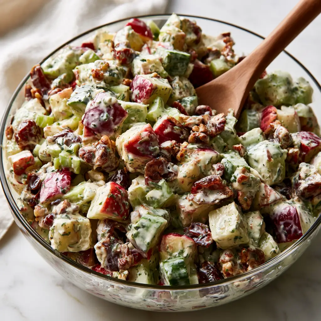 Creamy apple date celery salad in a glass bowl with chopped red apples crisp celery sweet dates toasted pecans and fresh herbs tossed in a tangy dressing.