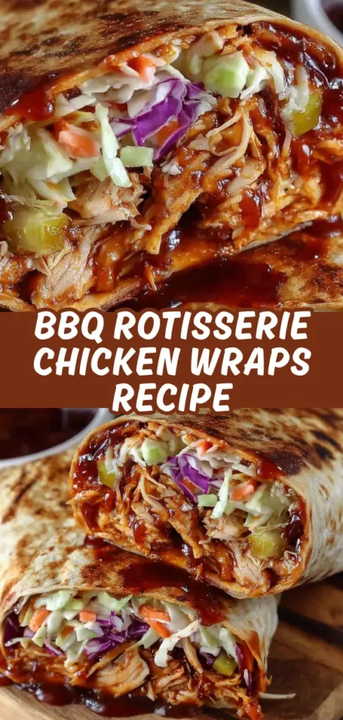 BBQ rotisserie chicken wraps sliced in half and stacked revealing shredded chicken crunchy coleslaw and generous drizzles of barbecue sauce inside a toasted flour tortilla.