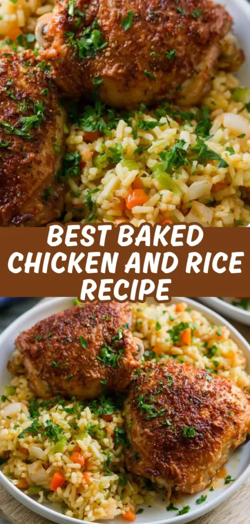 A collage of two shots of baked chicken and rice showing a close up of crispy seasoned thighs over herbed vegetable rice, and a full bowl view of the plated dinner garnished with parsley.