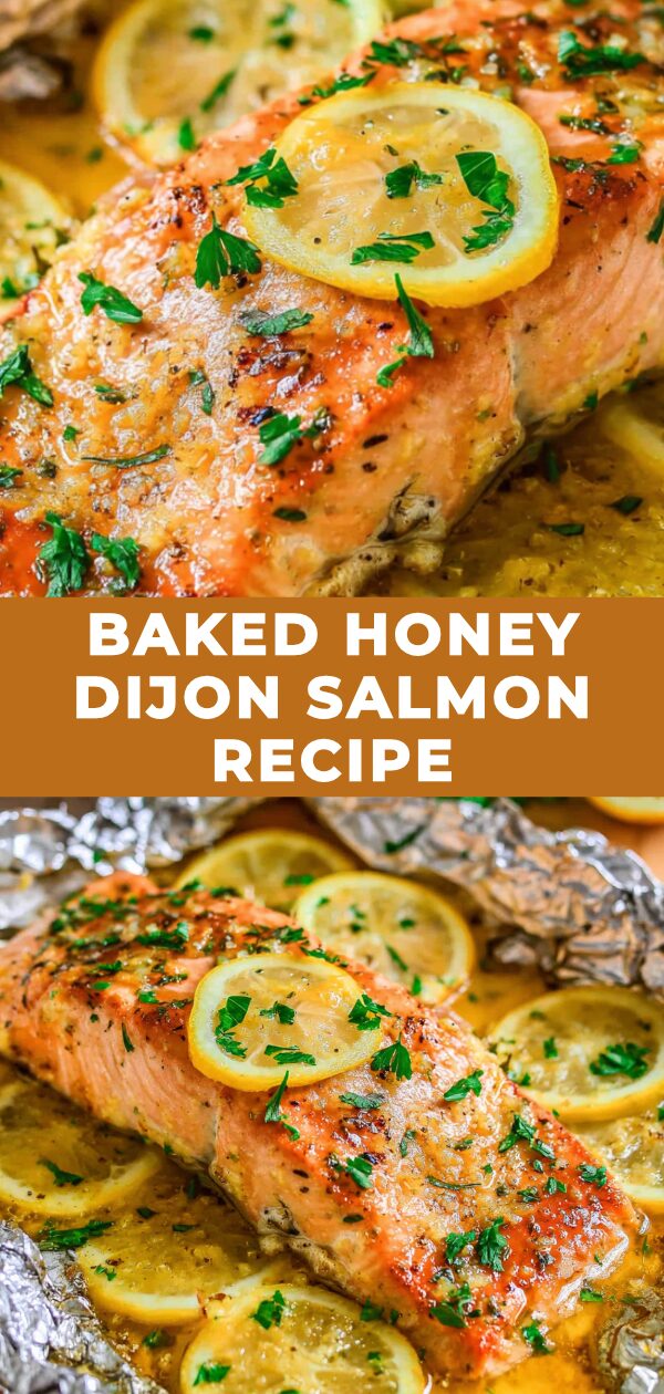 Golden salmon fillets glisten with a honey-dijon glaze, promising a flavorful and easy baked meal.