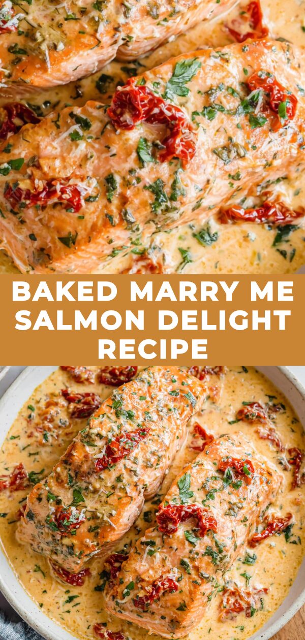 Flaky, golden-crusted salmon sits atop a bed of creamy, sun-dried tomato sauce, promising a culinary proposal.
