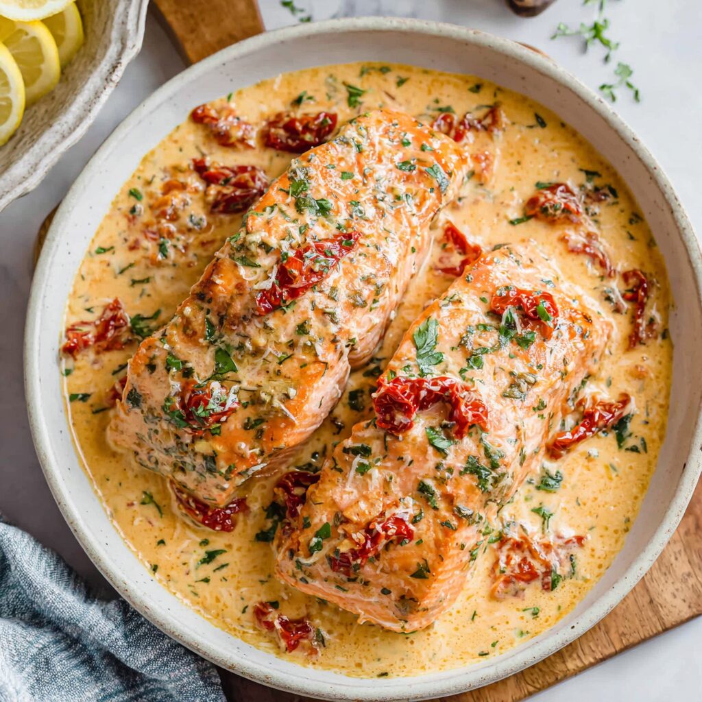 Flaky, golden-crusted salmon sits atop a bed of creamy, sun-dried tomato sauce, ready to steal hearts.