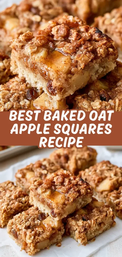 A collage showing a close up of a single baked oat apple square with visible apple chunks and honey glaze, paired with a full plate of squares stacked casually on parchment.