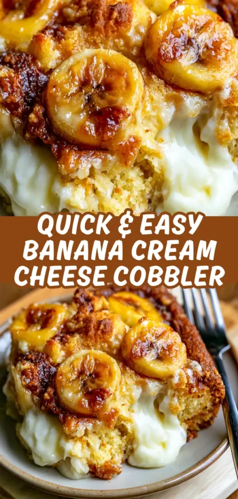 A slice of banana cream cheese cobbler topped with caramelized bananas.