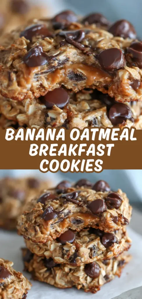 Banana oatmeal breakfast cookies stacked with a bite taken out revealing gooey caramel filling and lots of melty chocolate chips throughout the soft oat base.