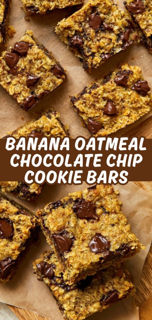 A vertical recipe graphic showcasing multiple chewy banana oatmeal bars overflowing with rich, melted chocolate chunks.