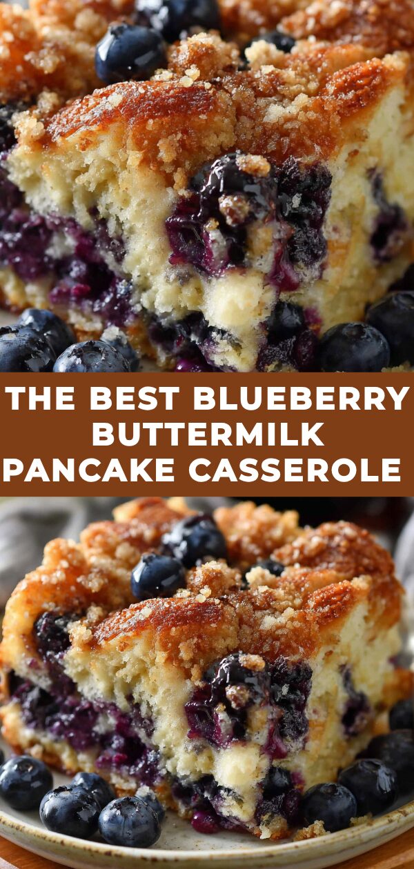 A bubbling, golden casserole of fluffy pancakes studded with blueberries and baked to perfection.