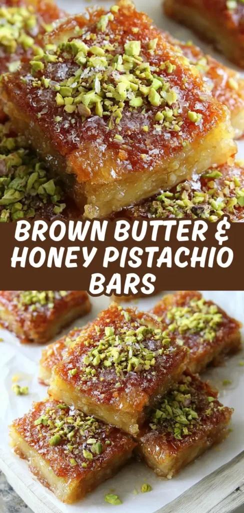 A collage of two shots showing glossy caramelized brown butter honey pistachio bars up close and stacked on parchment, both topped with vibrant chopped pistachios and flaky salt.