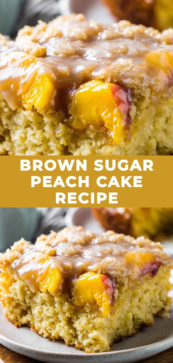 A warm, freshly baked brown sugar peach cake promises sweet summer bliss with every golden, fruit-studded slice.