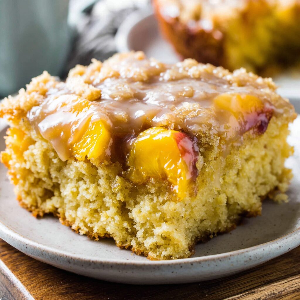 A warm, inviting image shows a delicious brown sugar peach cake, perfect for baking and sharing.