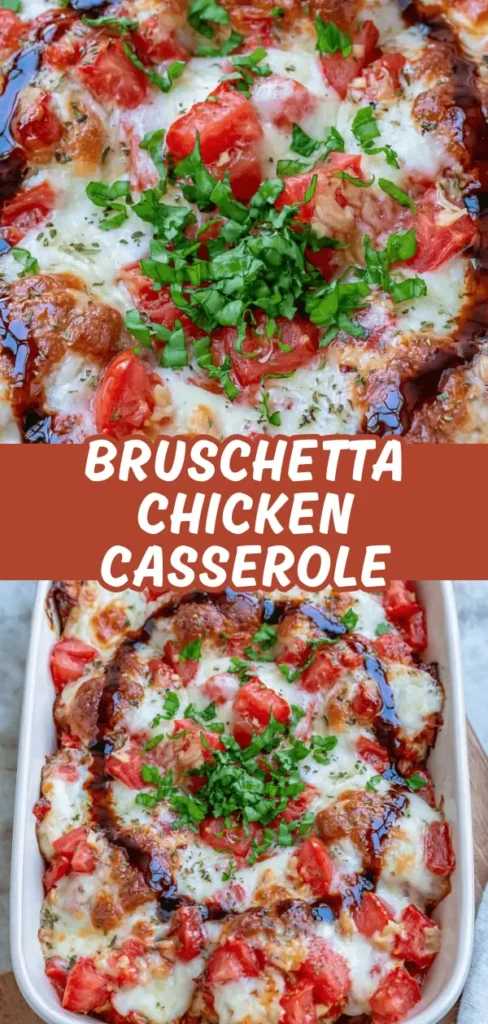 Baked chicken and tomato casserole topped with melted cheese and fresh herbs.