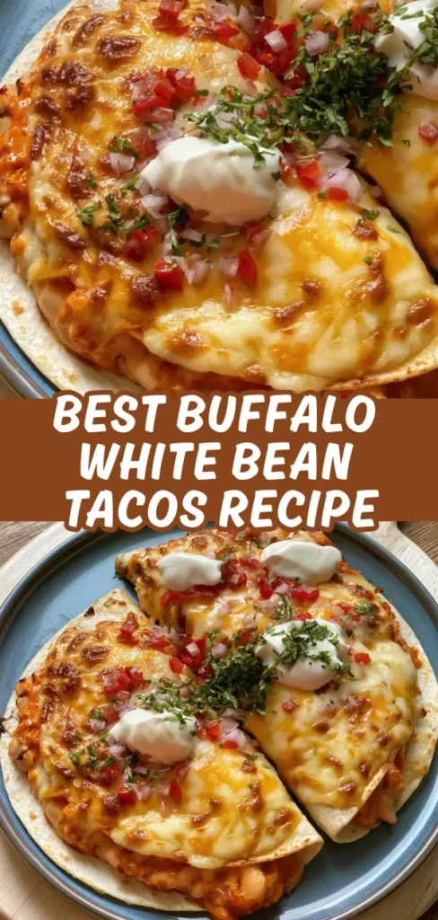 Buffalo white bean tacos topped with cheese, sour cream, and fresh herbs.