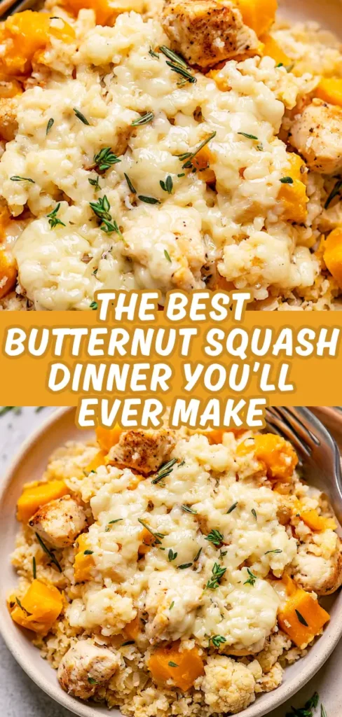 Cheesy chicken butternut squash and cauliflower rice skillet shown in a bowl with tender chicken pieces roasted butternut squash cauliflower rice all smothered in creamy melted cheese and garnished with fresh herbs.