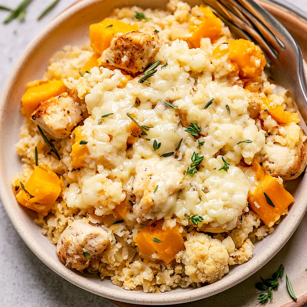 Cheesy chicken butternut squash and cauliflower rice skillet in a bowl with tender chicken pieces roasted butternut squash and cauliflower rice all smothered in a creamy melted cheese sauce and fresh herbs.