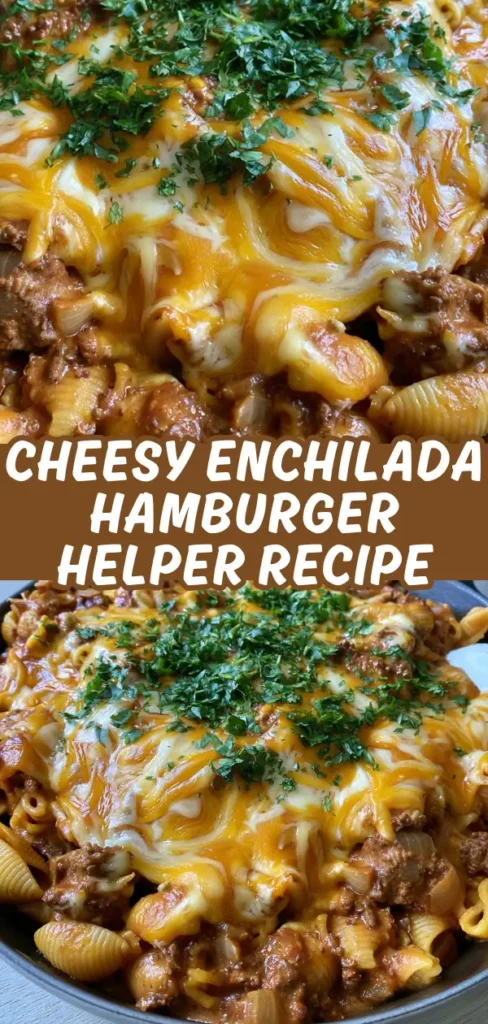A cheesy enchilada hamburger casserole topped with fresh parsley.