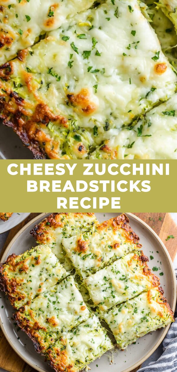 Golden-brown, bubbly breadsticks laden with melted cheese and studded with vibrant green zucchini beckon from a rustic wooden board.
