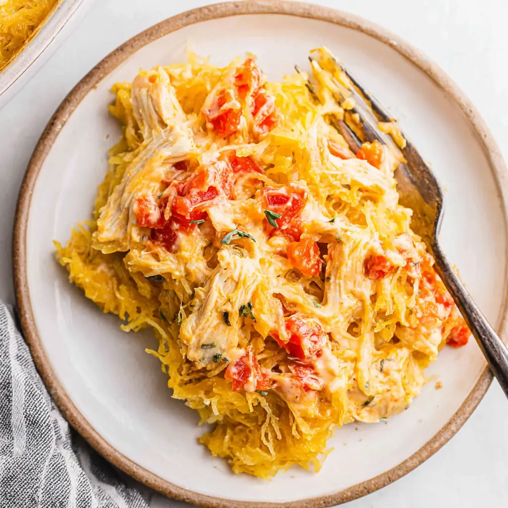Plated serving of chicken Rotel spaghetti squash casserole on a white plate with tender shredded chicken spaghetti squash diced tomatoes and melted cheese with a fork on the side.